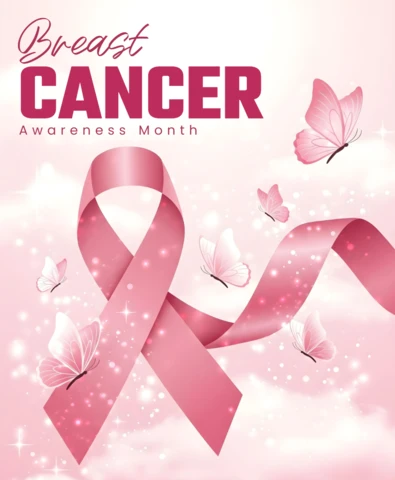 October Breast Cancer Awareness Sparkling Ribbon & Uplifting Butterfly Poster Design Template