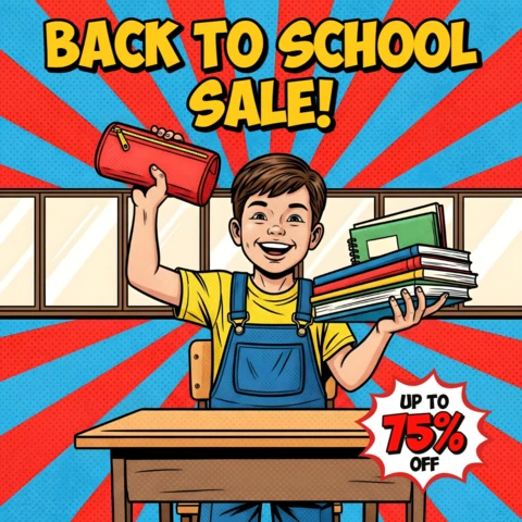 Arte in stile fumetto per studenti pronta per la scrivania, vendita di ritorno a scuola con libri e design a esplosione di sconto per volantini promozionali.