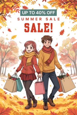 秋のセールデザインテンプレート、プロモーションフライヤー用のアニメーションキャラクター付き
