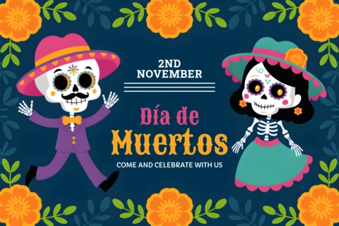 Dia De Muertos Celebration Template with Colorful Skeletons for Festive Flyers