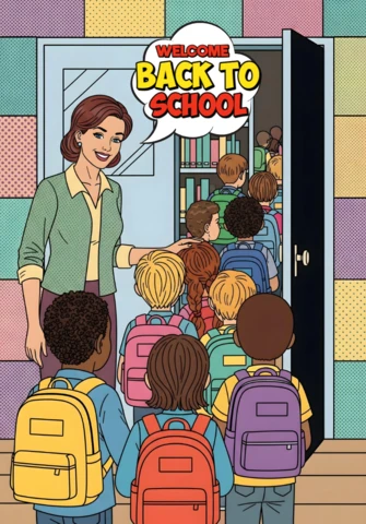 Volta às aulas, alunos entrando na sala de aula com o professor cumprimentando e template de cartaz de sinalização em quadrinhos.