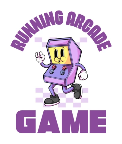 Laufendes Arcade-Spiel retro-inspirierter animierter Charakter in Bewegung T-Shirt-Designvorlage
