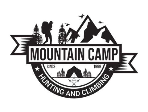 Modèle de conception de logo de chasse et d'escalade de camp de montagne d'aventure