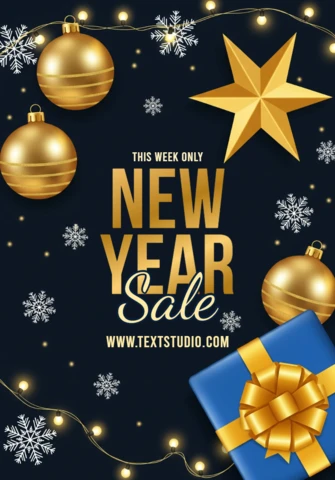 New Year 2026 Sale Poster Dark Background with Golden Ornaments and Blue Gift Box Design