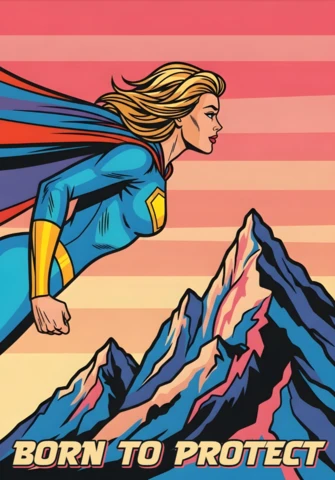 Né pour protéger super-héros volant au-dessus de la conception de l'affiche de la chaîne de montagnes