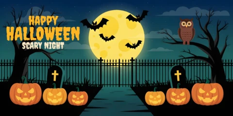 Spooky Graveyard Halloween Owl, Bats & Glowing Pumpkins YouTube Cover Design Template