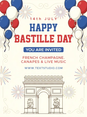 Bastille Day Invitation Card Template with Arc De Triomphe, Balloons and French Celebration Elements