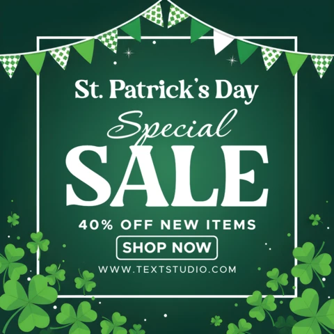 Saint Patrick’s Day Sale Poster Design Template with Shamrocks, Leprechaun Hat, and Festive Banner