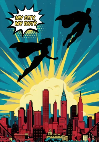 La mia città, il mio dovere, duo di supereroi che volano sopra il poster del design dello skyline della città.