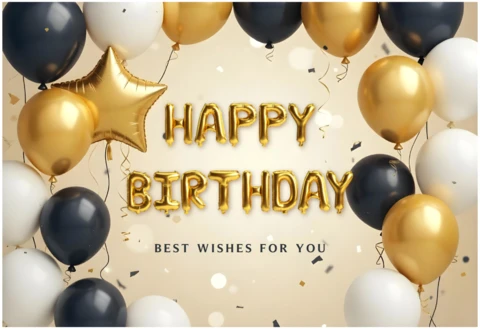 Birthday Greetings Design Template with Black and Gold Balloons Confetti
