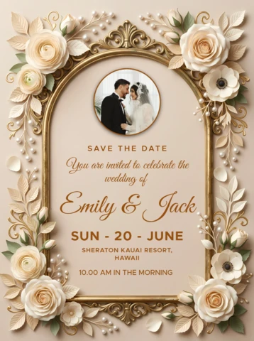 Luxury Ivory and Gold Wedding Invitation Card Template with Ornate Floral Arch Frame and Romantic Photo Design