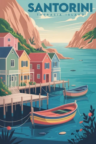 Therasia Insel mit bunten Stelzenhäusern und türkisblauem Meer, Santorini Reiseposter Designvorlage