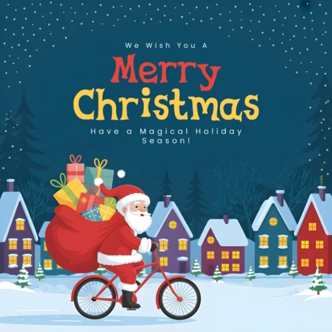 Christmas Poster Santa Claus On Bicycle with Gift Sack Riding Through Snowy Village At Night Design Template