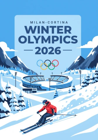 Сценический постер зимних Олимпийских игр Милан-Кортіна 2026 с лыжником, стадионными огнями и горными вершинами.