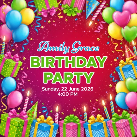 Póster decorativo de invitación de cumpleaños fondo rojo con globos, regalos y diseño de fiesta festiva.