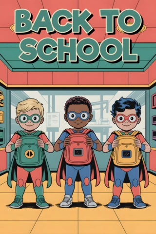 Back to School Superhero Students At School Entrance with Capes and Symbolic Backpacks Poster Design Template
