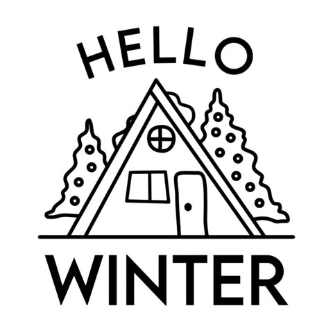Hola invierno bosque cabaña silueta línea de arte logotipo plantilla de diseño