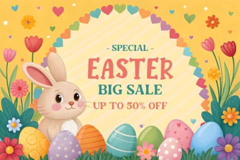 Colorido diseño de plantilla de venta de Pascua con conejito y huevos