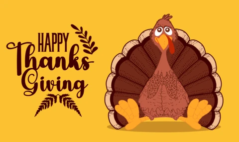 Шаблон поздравительной открытки Happy Thanksgiving с мультяшной индейкой