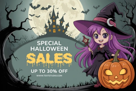 Template de design de bruxa de Halloween para folhetos promocionais com castelo assustador e abóbora.