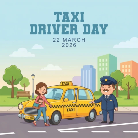 Celebrate Taxi Driver Day with Awareness Poster Featuring Driver, Passenger, Taxi, and Urban Cityscape