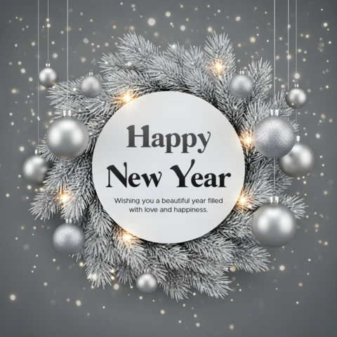New Year Greeting Card Template with Silver Ornaments and Pine Wreath Design