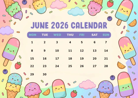 Calendario mensual de junio de 2026 con personajes de helado kawaii y elementos de postre.