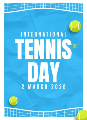 Uluslararası tenis günü 2026 afişi mavi arka plan, fileler ve spor tarzı ile