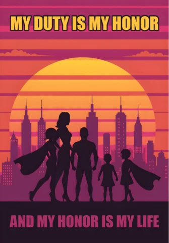 City of Honor Superhero Silhouettes with Sunset and Inspirational Quote Poster Design Template