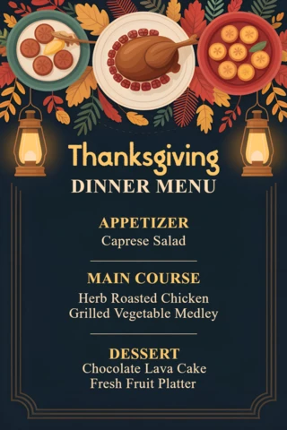 Thanksgiving Dinner Menu Design Template with Autumn Elements for Festive Events