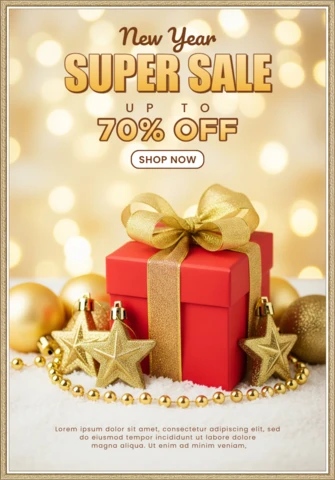 New Year Promotion Template Festive Flyer with Sparkling Lights and Elegant Ribbon Decor