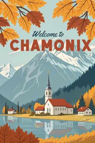 Vintage Landscape Design Template for Travel Poster Featuring Chamonix Mountains and Autumn Foliage