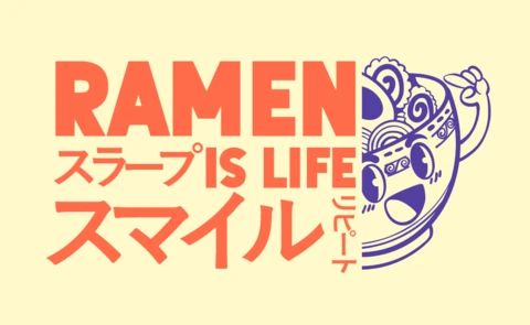 Modèle de design de ramen ludique avec une typographie amusante et un style illustratif