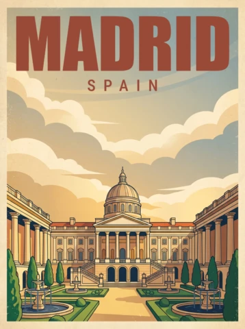 Madrid Retro Vintage Travel Poster Spain Grand Building Central Dome Courtyard Fountains Manicured Gardens Historic Architecture Wall Art Print