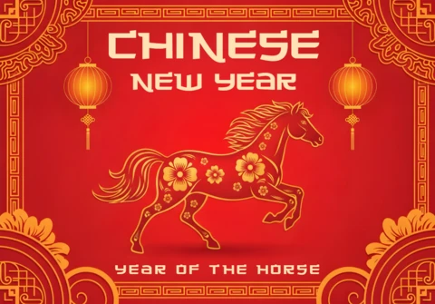 Sjabloon voor een feestelijke groetkaart met een Chinees nieuwjaar paard ontwerp