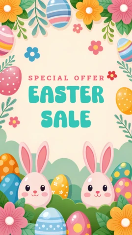 Plantilla de diseño de venta de Pascua caprichosa con conejitos y huevos de colores