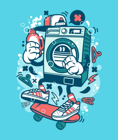 Plantilla de diseño de camiseta con personaje de dibujos animados de lavadora
