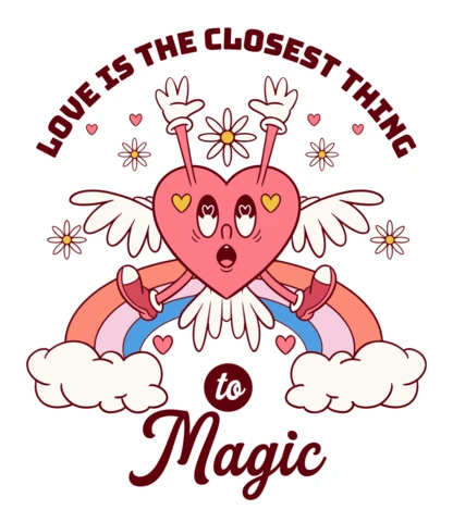 Template de design de coração mágico de personagem cartoon para camiseta ou vestuário