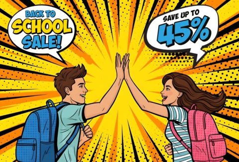 Pôster em estilo de quadrinhos com espírito escolar, com alunos felizes e design de banner de promoção de volta às aulas para folhetos promocionais.