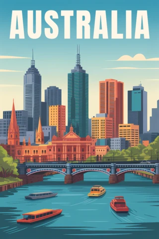 Plantilla de diseño de paisaje urbano de Australia para carteles de viaje