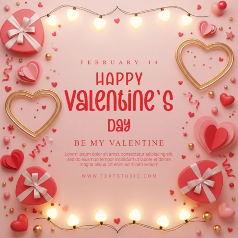 Tarjeta de saludo de San Valentín diseño del 14 de febrero con corazones brillantes y regalos con cintas.