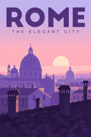 Rome paarse zonsondergang illustratie voor retro vlakke reisposters sjabloon