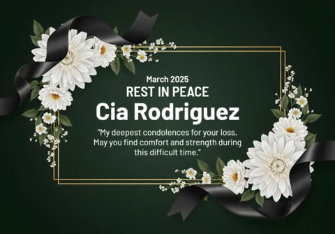Affiche commémorative avec bordure dorée, hommage avec des marguerites blanches et message de sympathie, modèle de design repos en paix.