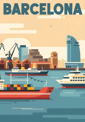 Port Scene with W Hotel, Cargo Ship & Luxury Yachts Barcelona Travel Posters Design Template