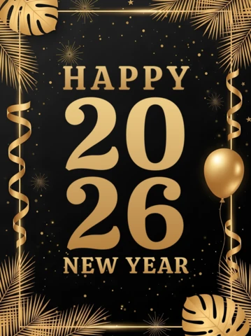 Elegant New Year Celebration Template with Gold Typography and Tropical Leaves Design for Party Invitations