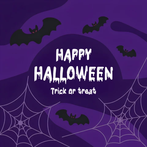 Minimalistyczny purpurowy straszny design halloweenowy z nietoperzami i pajęczynami do merchandisingu