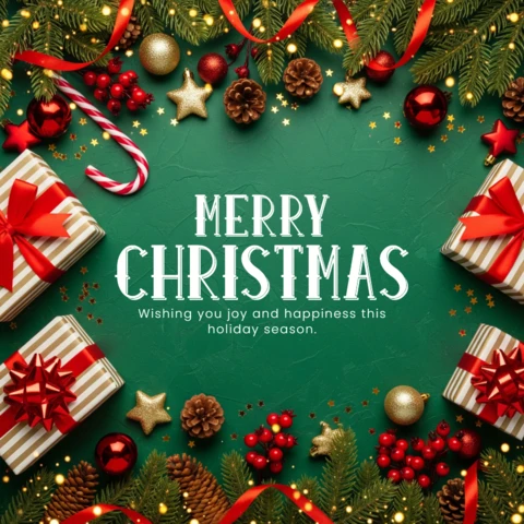 Pine Garland with Red Ribbons, Baubles, and Gift Boxes Surrounding Merry Christmas Greeting and Warm Wishes Design Template