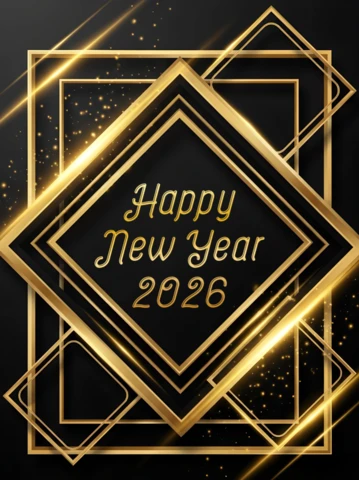Elegant Art Deco Gold Frame Design Template for Happy New Year 2026 Greeting Card