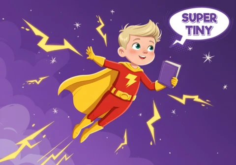Super malutki superbohater z błyskawicą, książką i fioletowym plakatem komiksowym - szablon projektu