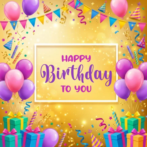 Cartaz de saudação de aniversário com fundo dourado, balões, bandeirinhas, serpentinas e uma mensagem alegre de feliz aniversário.